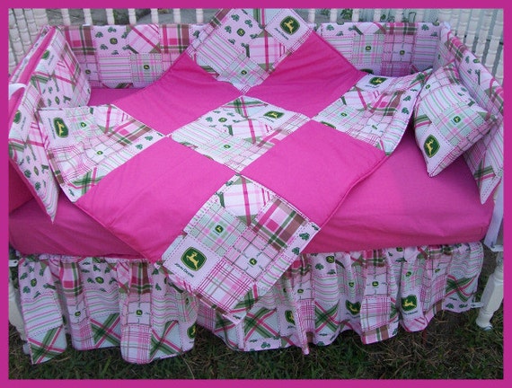 New JOHN DEERE baby Crib Bedding Set with pink MADRAS plaid