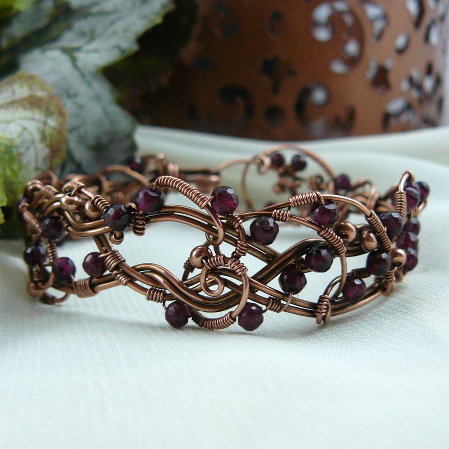 Copper and Garnet Wire Wrapped Cuff Bracelet