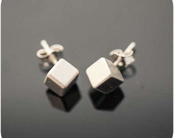Solid Slant Cube Earrings - Minimal sterling silver everyday earrings