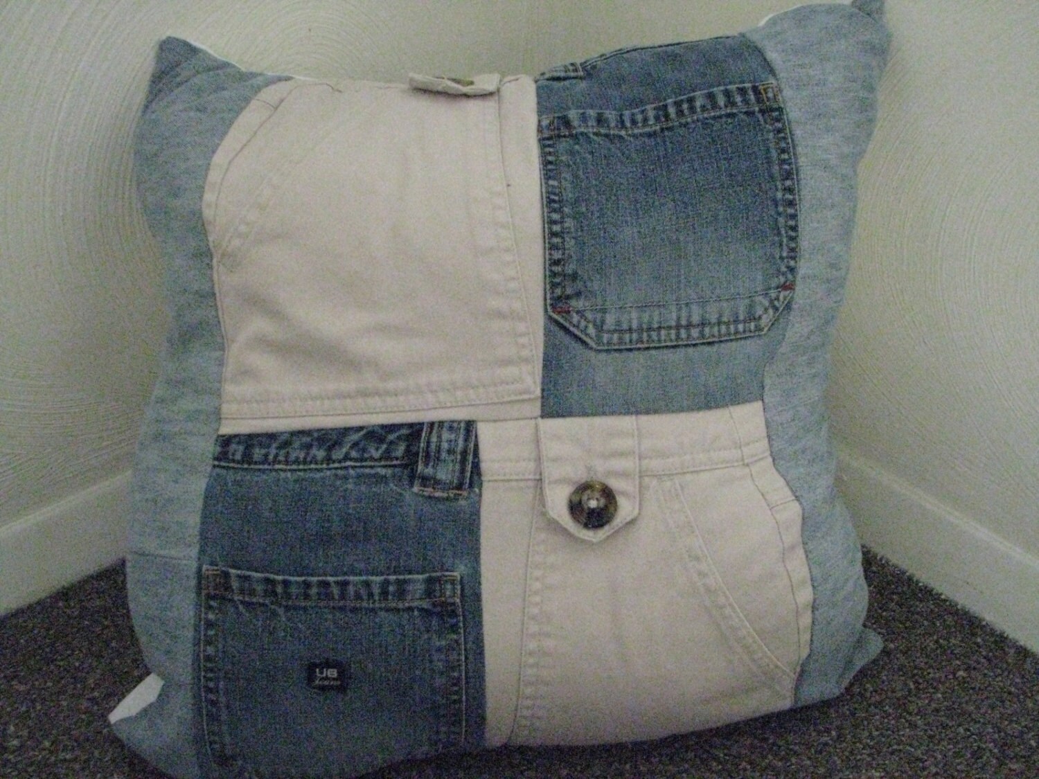 Upcycled Denim Throw Pillow With Pockets Jean Patchwork