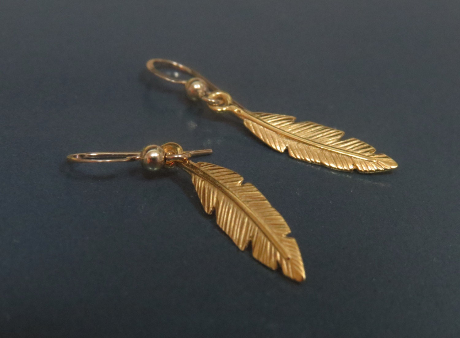Gold feather earrings long dangle earrings Gold by DvoraSchleffer