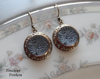 Gray Cala Lily, Vintage Glass Button Earrings