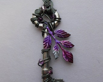 Purple-Pink Dark Fairy Tree Wire Wrapped Key Pendant -- purple, pink and silver inked leaf sprig, hematite wire, Swarovski crystals