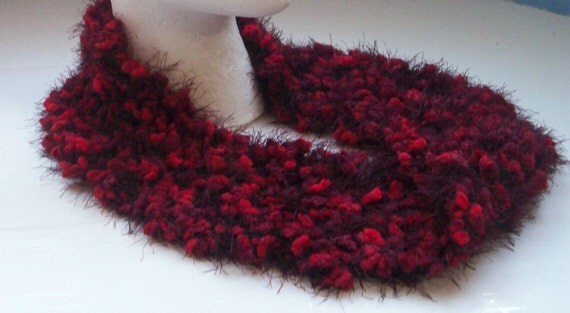 Ultra soft infinity scarf, cowl, collar, hand knitted, red Katia yarn, vegan, easy care