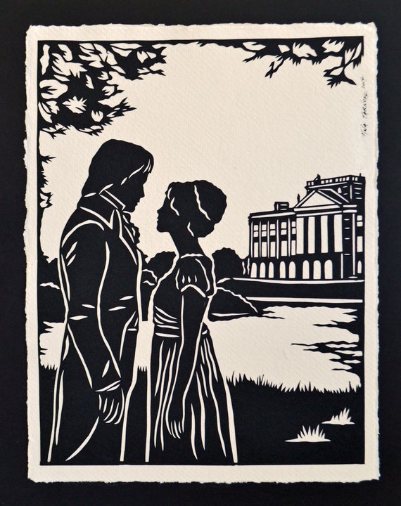Sale 20% Off // PRIDE AND PREJUDICE Papercut - Elizabeth and Darcy at Pemberley - Hand-Cut Silhouette // Coupon Code SALE20