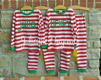 Red Stripe Christmas Pajamas - Christmas Personalized Pajamas - Christmas Monogram Boys PJs - Christmas Pjs - Christmas - JULIANNE ORIGINALS