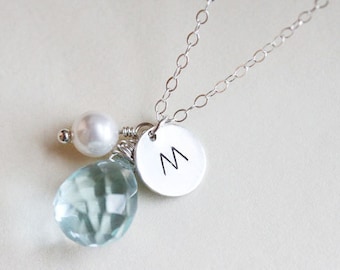 Personalized Aquamarine Necklace - Birthstone Necklace - Initial Necklace - March Birthstone - Sterling Silver - Bridal Jewelry