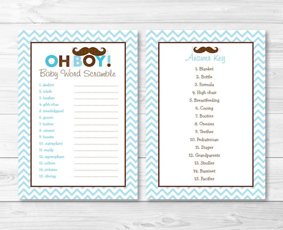 Mustache Little Man Printable Baby Shower /"Baby Word Scramble/" Game Cards