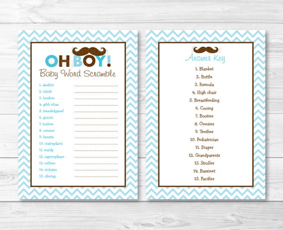 Mustache Baby Shower Word Scramble Game / Little Man Baby ...