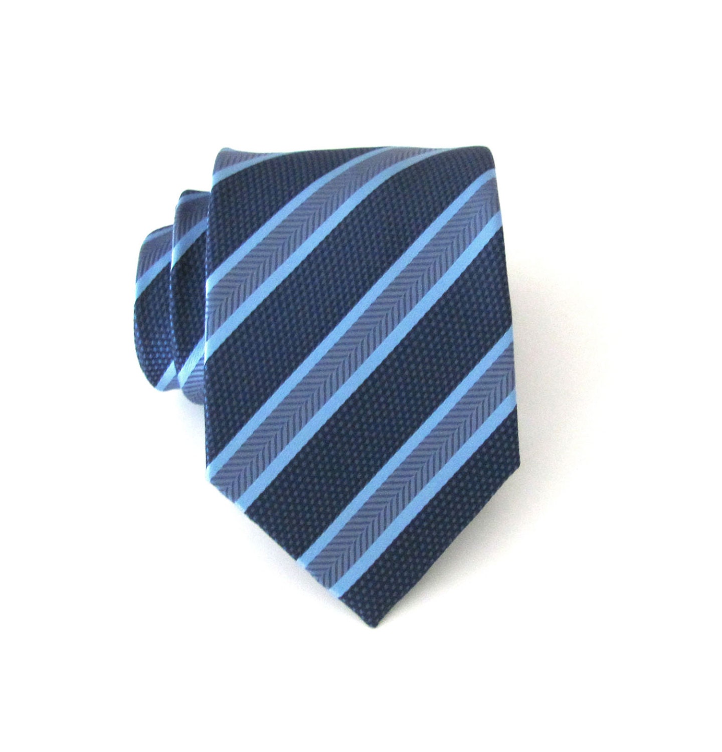 Blue Tie. Navy Blue Periwinkle Blue Stripes Silk Tie