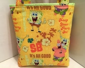 Sponge Bob Square Pants, Toddler Tote, Gift Tote Bag, Gift Wrap, Easter Basket, Script, Juvenile Print Fabric, Cartoon Character Sponge Bob Square Pants, Toddler Tote, Gift Tote Bag, Gift Wrap, Easter Basket, Script, Juvenile Print Fabric, Cartoon Character