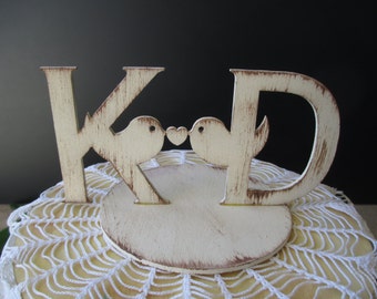 Cake Topper - Shabby Chic Personalized Rustic Love Birds - Item 1634