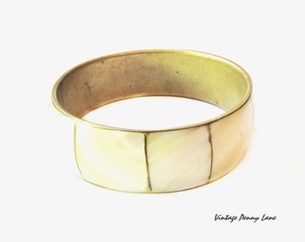 Vintage Bangle Bracelet, Brass / Mother Pearl