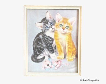 Vintage Cats Print Art, Wood Framed Naughty Kittens by GIRARDO
