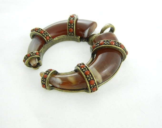 Brown Acrylic Horns Primitive Pendant Burnished Gold-tone and Cabochons