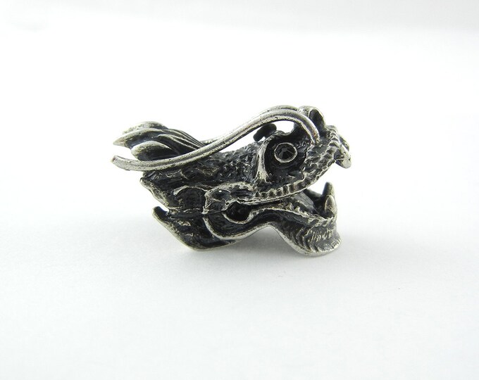 Antique Silver-tone Dimensional Chinese Dragon Head Bead with Black Rhinestone Eyes