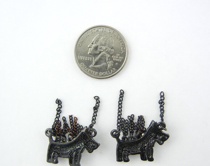 Pair of Black Epoxy Scottie Dog Charms with Chains Rhinestones Jewelry Supplies