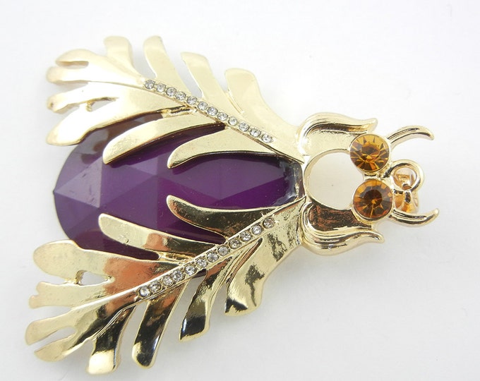 Large Gold-tone Beetle Pendant with Purple Acrylic Faceted Body Light Topaz Eyes