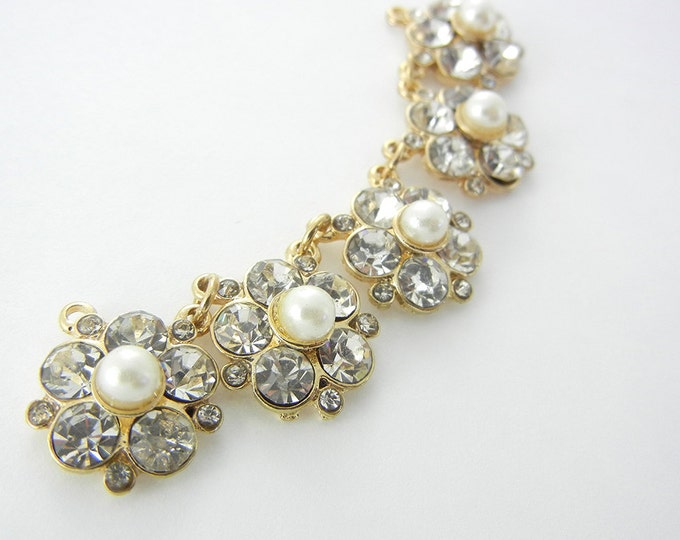 Gold-tone Floral Rhinestone and Faux Pearl Flower Bib or Double Link Pendant