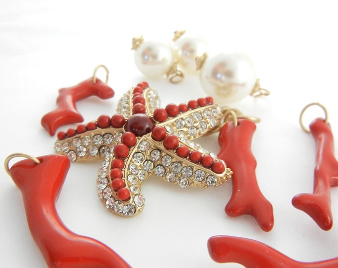 Set of Ocean Themed Starfish and Acrylic Coral and Faux Pearls Pendant and Charms