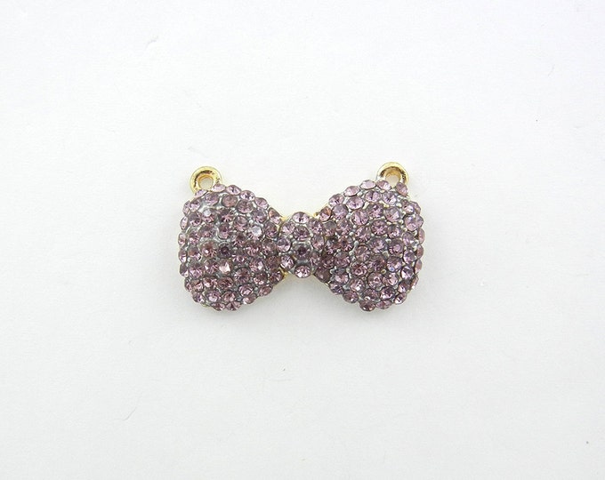 Double Link Gold-tone Light Purple Amethyst Rhinestone Bow Pendant