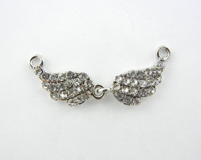 Very Small Rhinestone Encrusted Double Link Wings Pendant Silver-tone