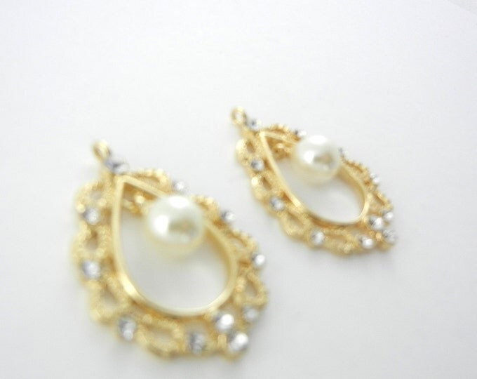 Pair of Gold-tone Filigree Faux Pearl Drop Charms Rhinestone Accents