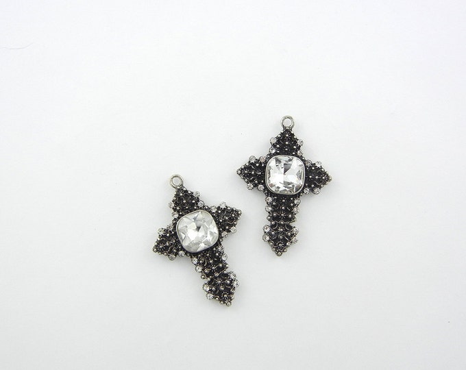 Pair of Antique Silver-tone Textured Rhinestone Cross Charms