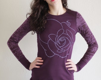 Anniversary gift . Women long sleeves cotton tops . Plum long sleeve long body Floral Print Cotton T-shirt - Bug has gone for a walk