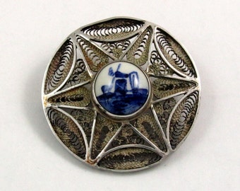 Vintage Delft Brooch Silver Filigree Brooch Lace Filigree Delft Blue and White Delftware Jewelry Delft Porcelain Windmill Dutch Pin
