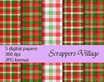 8 x 8" Christmas Plaid Pattern Digital Scrapbook Paper Set #1, 5 Pages