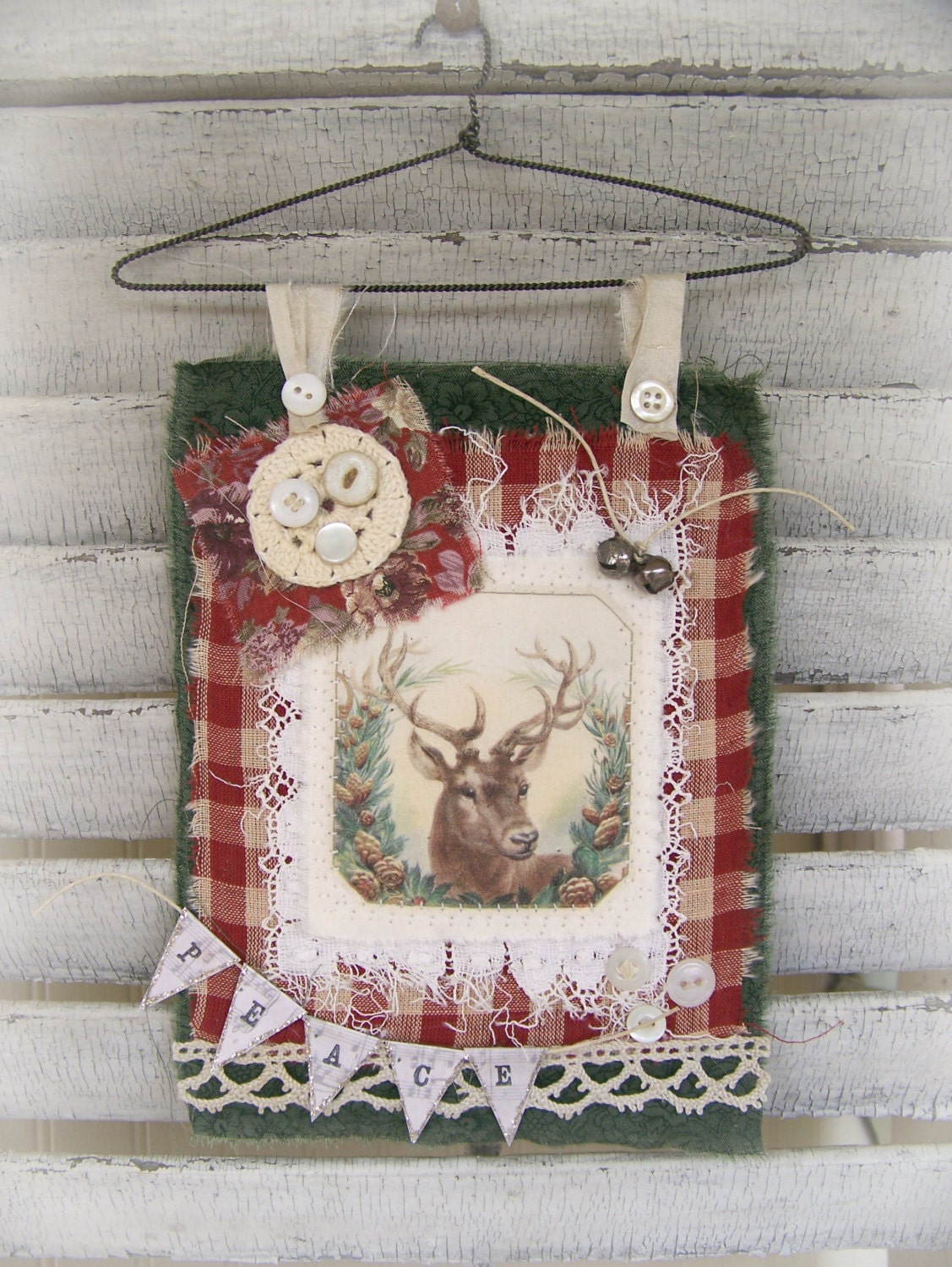 Handmade Christmas Reindeer Decoration Christmas Collage Hanging Vintage Style Fabric Collage Red White Christmas Vintage Reindeer