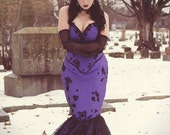Goth Alternative Wedding Gown - Elegant Midnight- Steel Boned Corset- Lace Overlay - Mermaid Fishtail Silhouette --Custom to Order