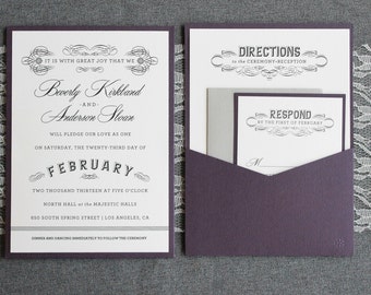 Purple Wedding Invitation, Gray Pocket Wedding Invitation, Art Deco Vintage Wedding Invitation - Custom Invitation - Beverly and Anderson