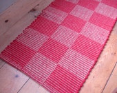 Red Beige wool woven check rug 25 x 50  valentine day eco -friendly
