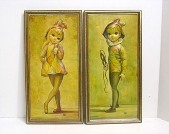 Pair Vintage Maio Jester Big Eyed Kids Puffy 3D Prints in Frames Mid Century
