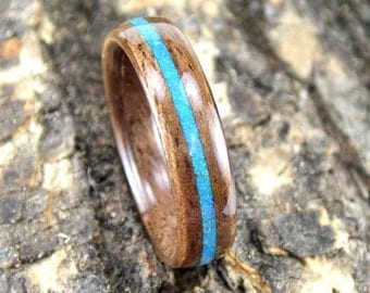 Wood Ring Walnut with Blue Opal Inlay