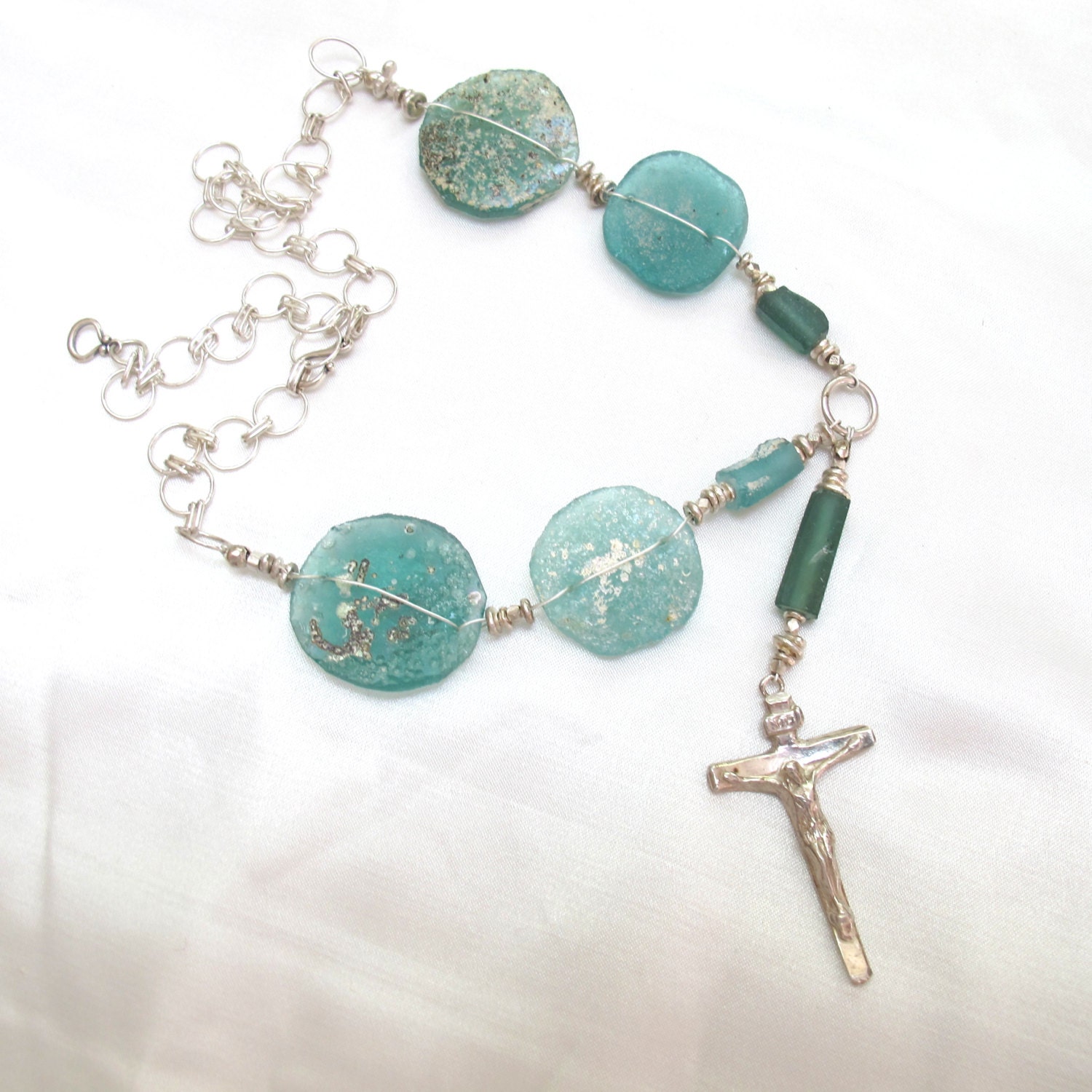 ANCIENT ROMAN GLASS necklace with a crucifix by dhicksdesigns