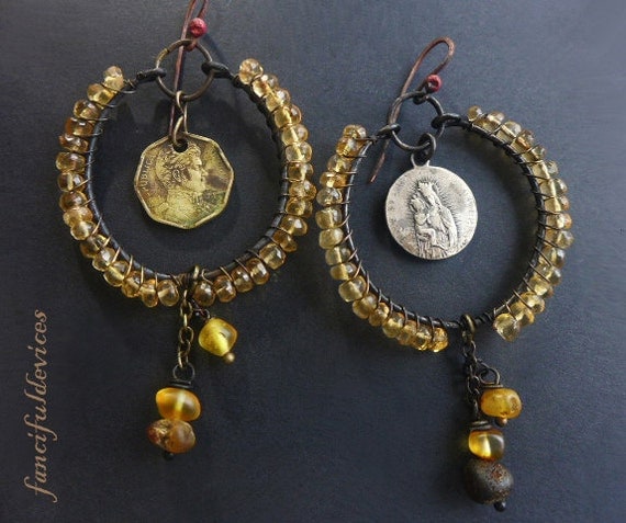 Duende. Rustic assemblage earring hoops with baltic amber, citrine and religious medal.