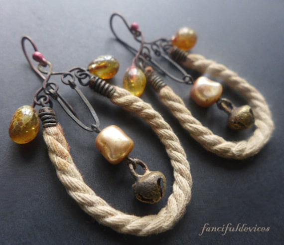 Hygge. Rustic assemblage lampwork and rope cord earrings