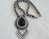Black & White Bead Embroidered Onyx Pendant Necklace     Spiral Rope Necklace~Black Onyx Necklace~Fringe Pendant Necklace~Statement Necklace