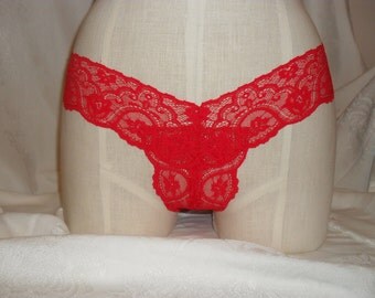 Thong Panties in Red Hot Stretch Lace Crotchless