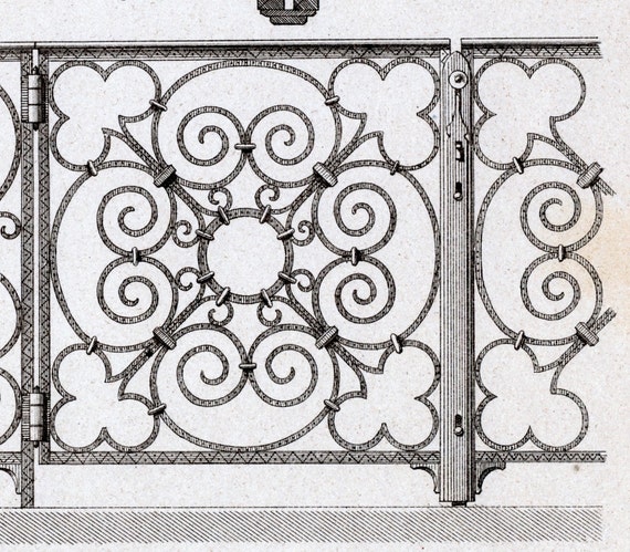 1880 French Antique Engraving of Decorative and Architectural Metalwork. Cast-iron Elements of a Communion Grating. Plate 7