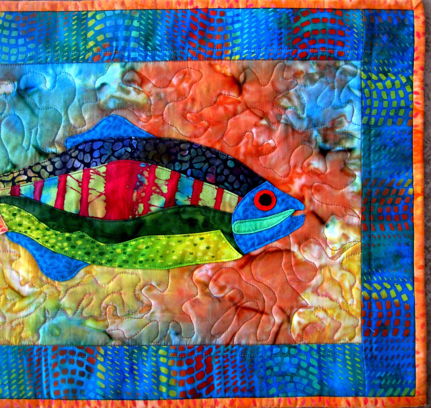 Wall Art Quilt Fish Wall Hanging Batik Tropical Handmade Aqua