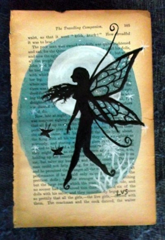 Original Acrylic Painting on old Book Page Fairy