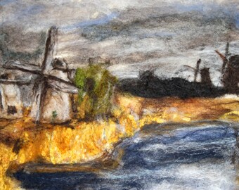 WINDMILLS Needle Felt Landscape Wool Painting Tapestry~12x18