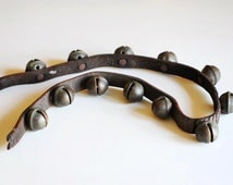 vintage sleigh bells on leather strap, 12 brass bells from an old horse ...
