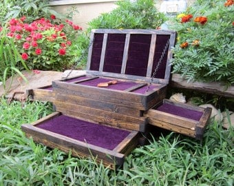 Rustic Jewelry Chest - Wood Jewelry Box - Secret Compartment Boxes - Hidden Drawers - Purple or Black Velvet Lined
