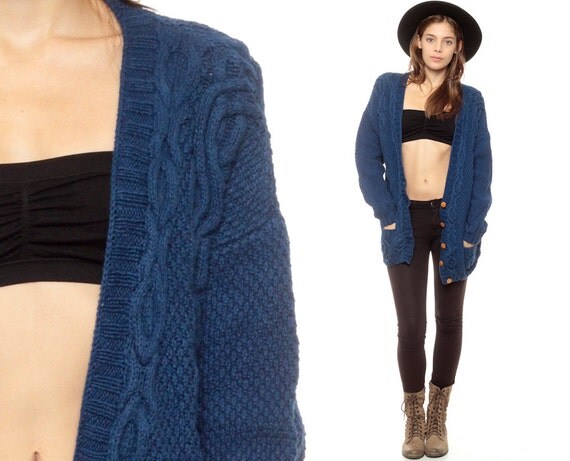 CABLE KNIT Cardigan 80s Navy Blue Sweater Button Up Grandpa