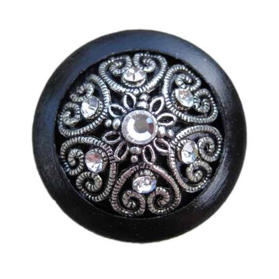 Black Wooden Drawer Knob with Metal Insert and Crystals WK10